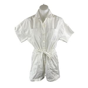 Oat White Collared Short Sleeve Button Down Cargo Playsuit Jumpsuit Romper Sz S